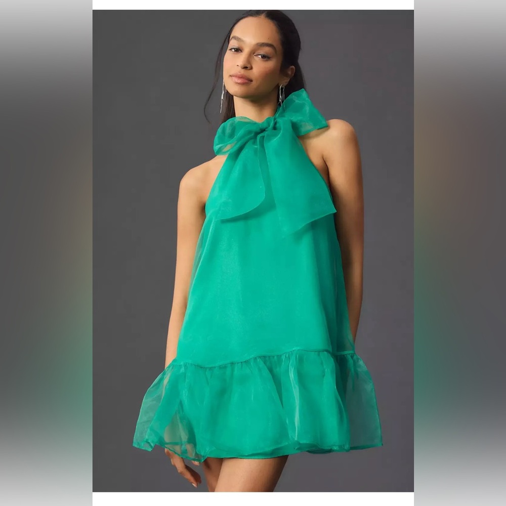 Maeve by Anthropologie. Teal Green Bow Dress. Mini. Size: Large. Organza.